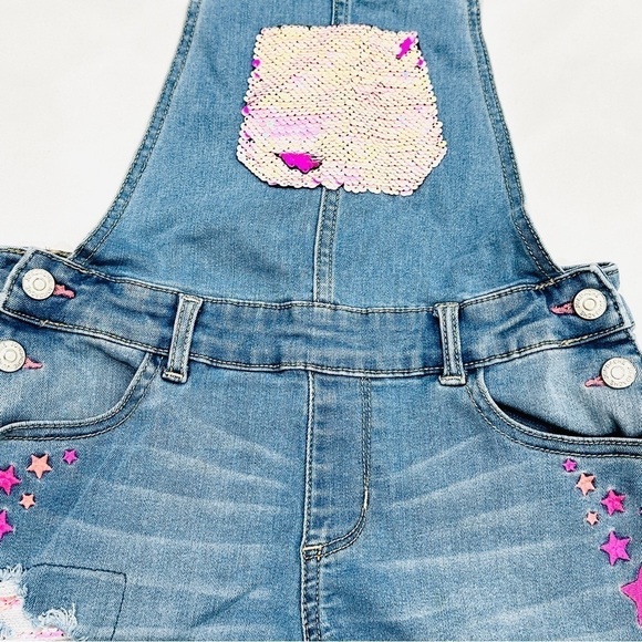 Jordache Girls Reversible Flippy Sequin Denim Short Overalls Shortalls - Picture 2 of 5
